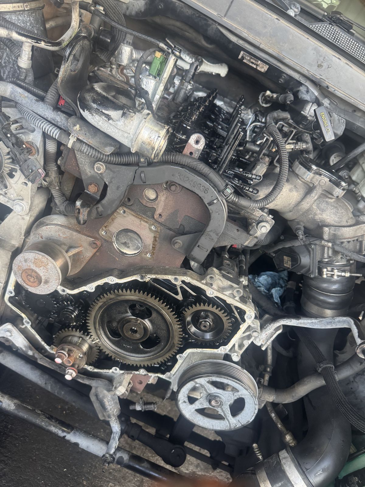 Truck engine with valve train and gear train exposed